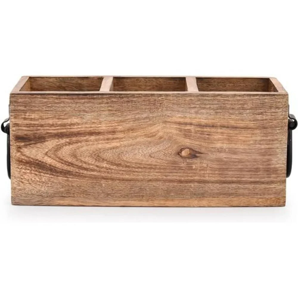 Mango wood cutlery holder utensil caddy kitchen countertop organizer rustic tray